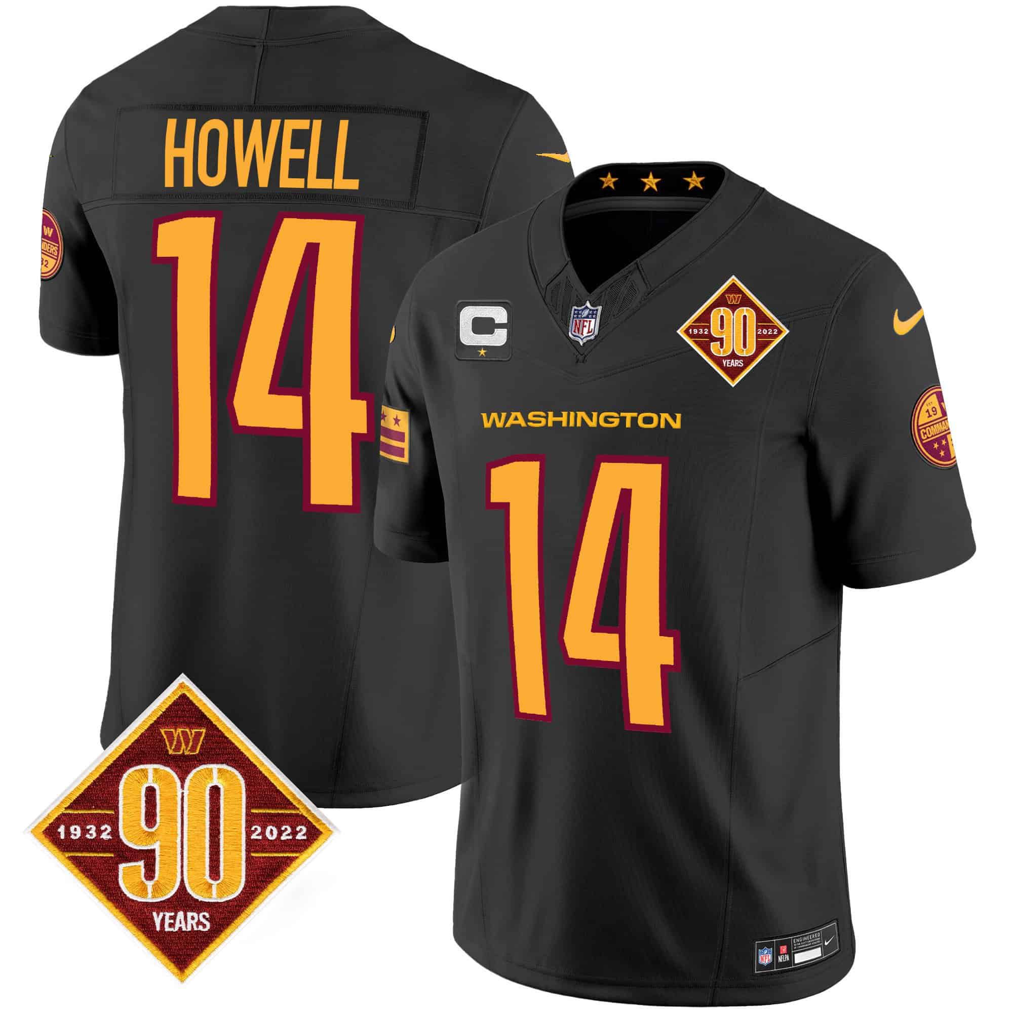 Men Washington Commanders 14 Howell Black 90th Anniversary Patch 2024 Nike Vapor Limited NFL Jersey style 1